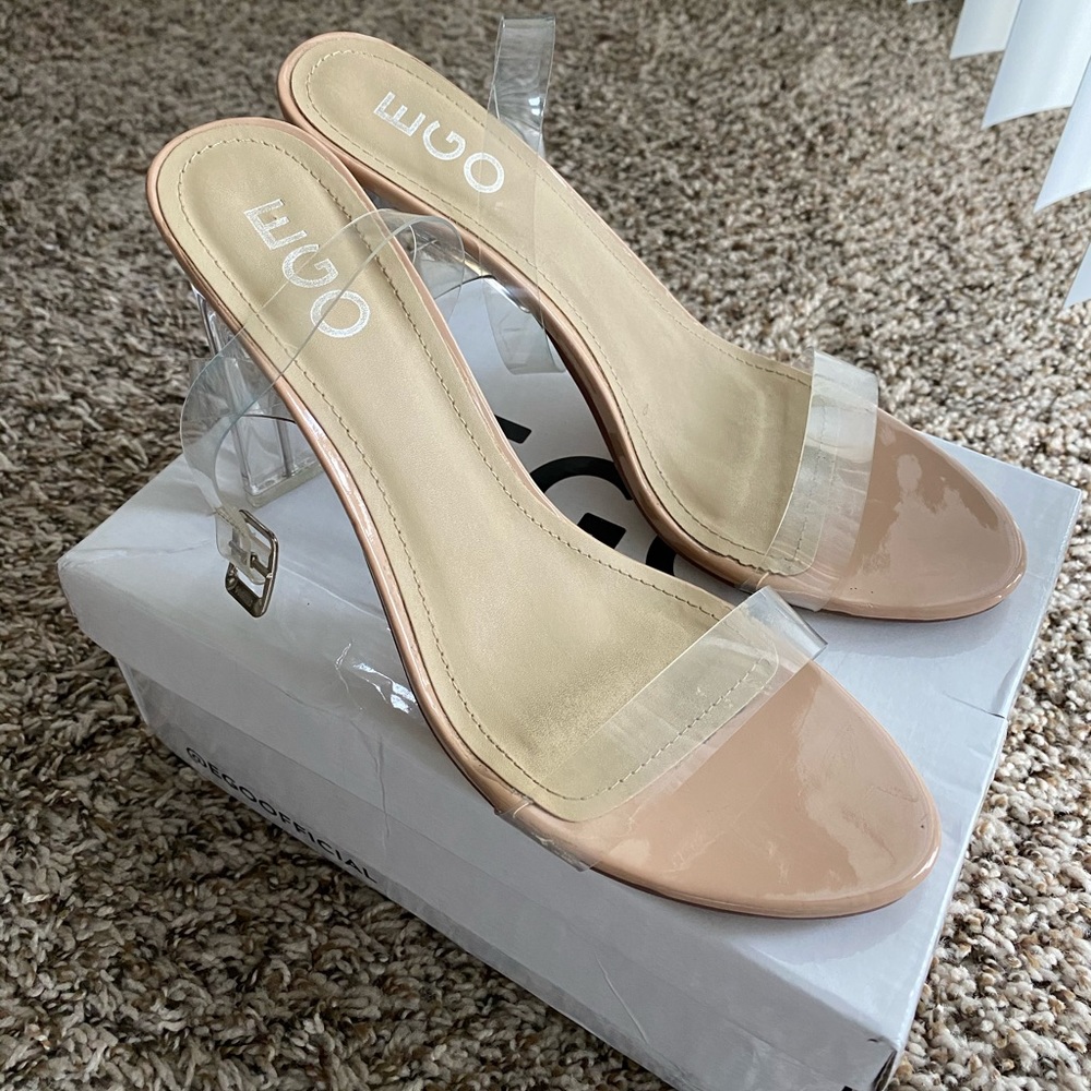 EGO nude patent clear heels